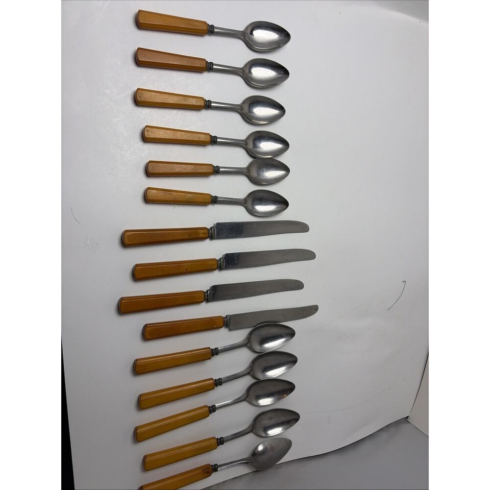 Vintage Butterscotch Bakelite Stainless Flatware 6 Teaspoon, 4 Knives,5 Spoons